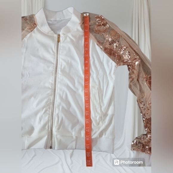 White Cropped Jacket Gold Zipper Mesh Long Sleeves XL - Picture 6 of 13